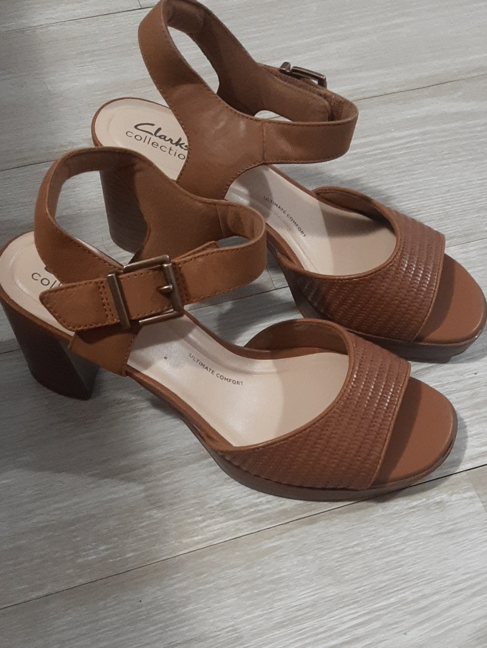 Clarks Tan Block Heel Sandals with Ankle Strap